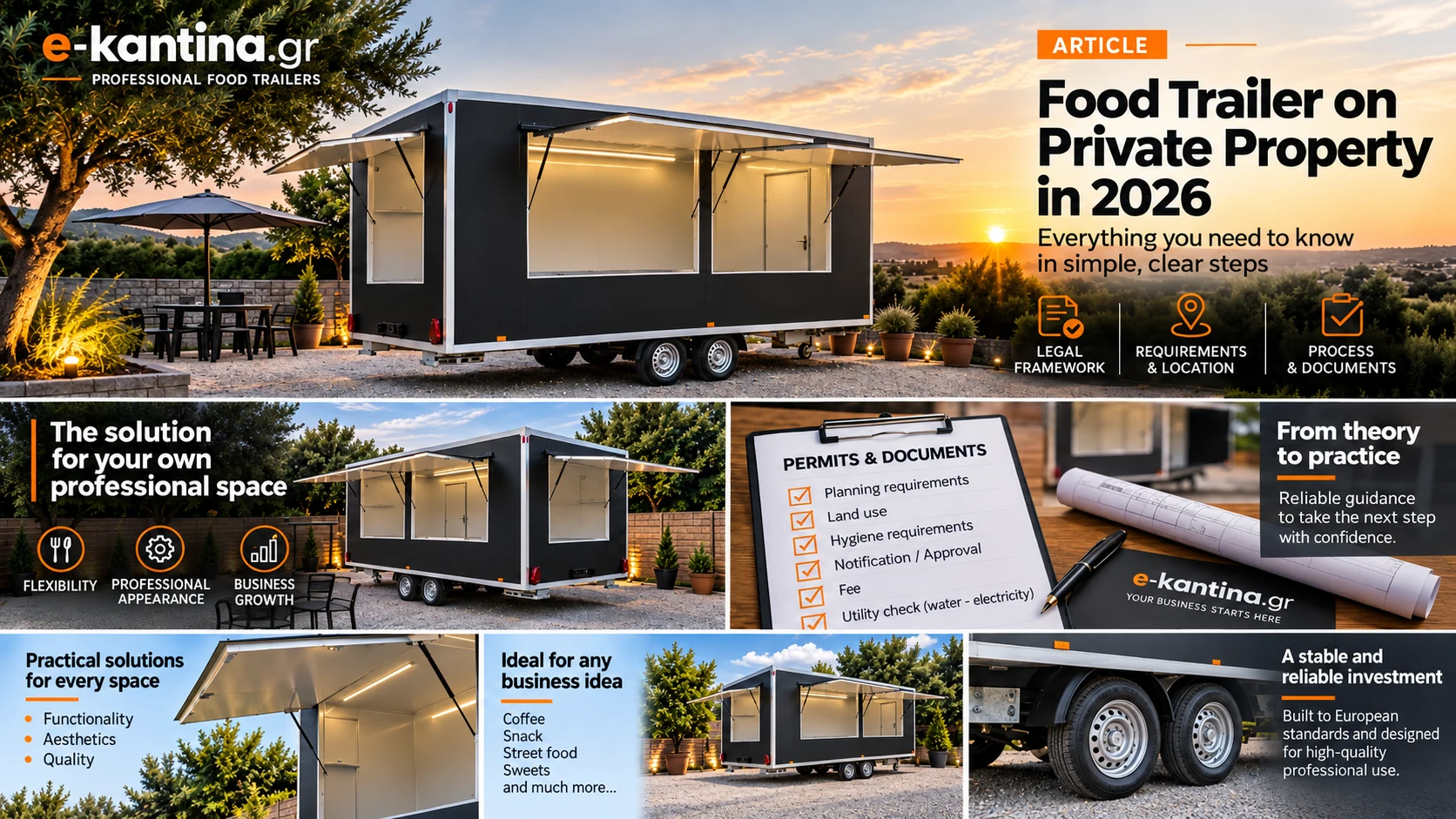 Towable food trailer suited to different professional uses on private land
