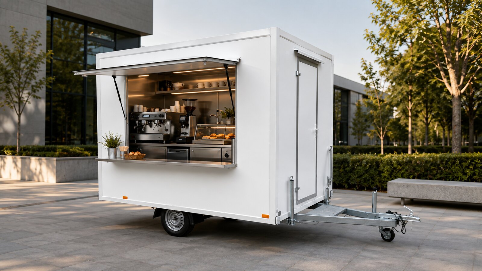 White coffee food trailer with a professional espresso machine and stainless steel equipment