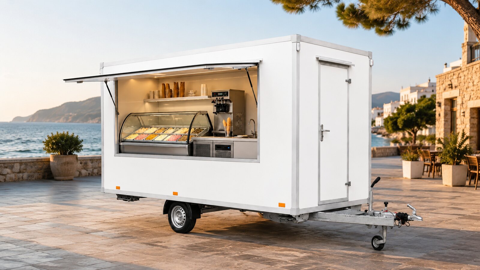 White ice cream food trailer with a professional refrigerated gelato display and stainless steel equipment