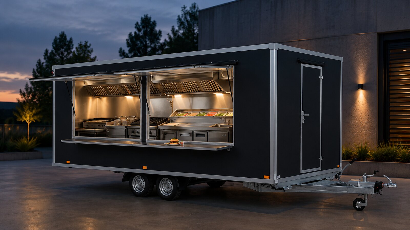 Anthracite street food trailer with a professional kitchen, stainless steel counter and extraction hood