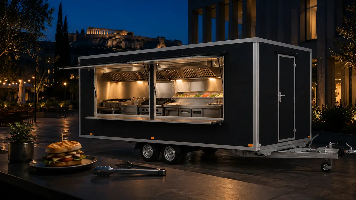 Ανθρακί επαγγελματική καντίνα street food με ενδεικτική ανοξείδωτη κουζίνα